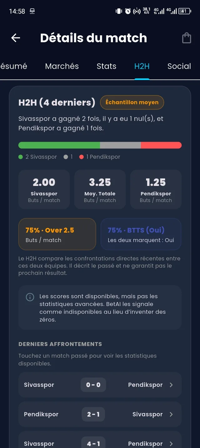 Capture d’écran BETAI : H2H