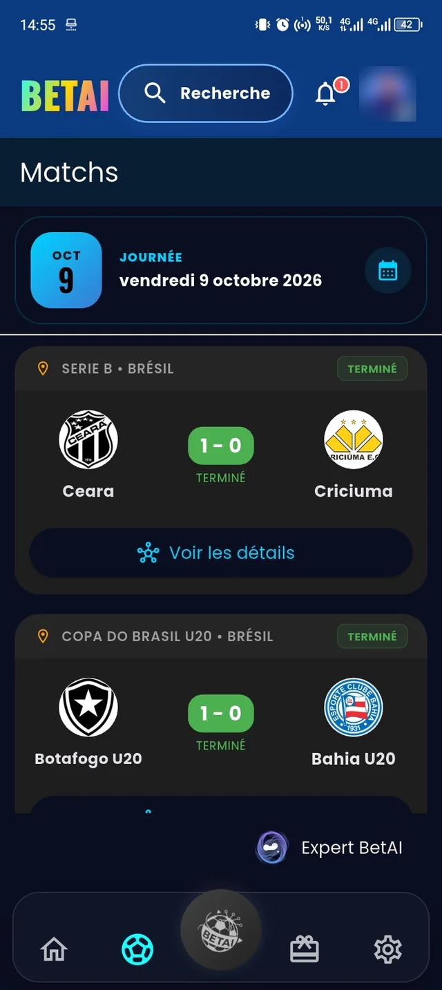 Capture d’écran BETAI : Matchs